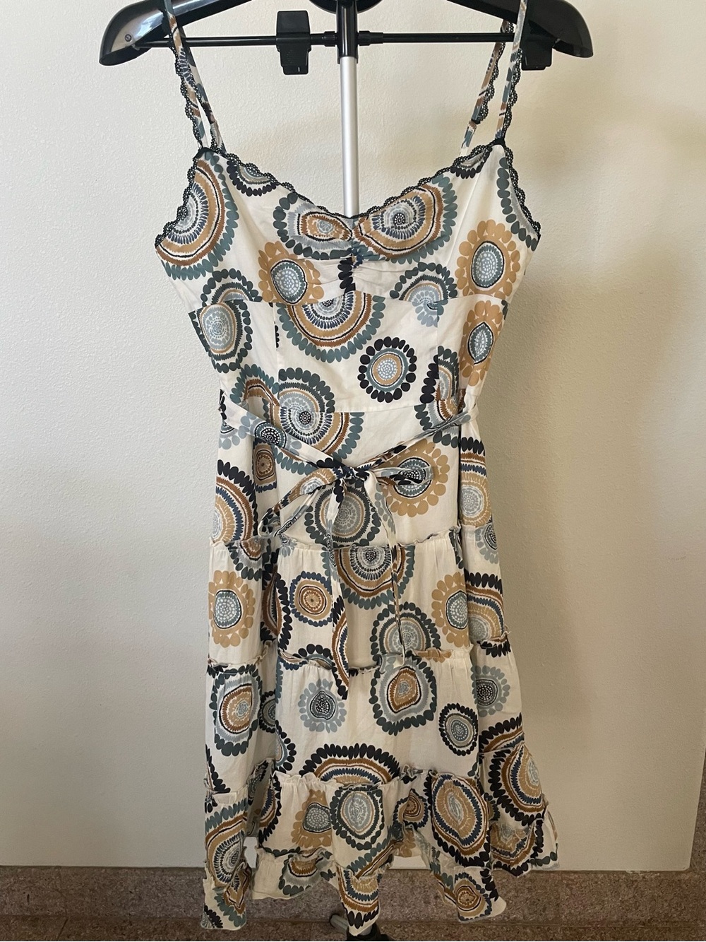 BCBG MaxAzria Cream Printed Tiered Sundress with Blue & Tan Medallions
